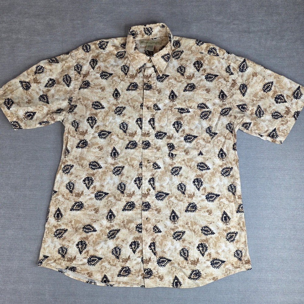 Munsingwear Button Down Shirt Mens Medium Tan‎ Blue Leaf Print Excellent Cotton